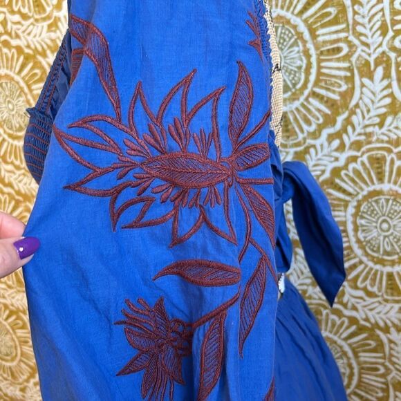 OMIKA Anthropologie Dunmore Square Neck Smock Tie Back Embroidered Mini Dress XS - Picture 7 of 10